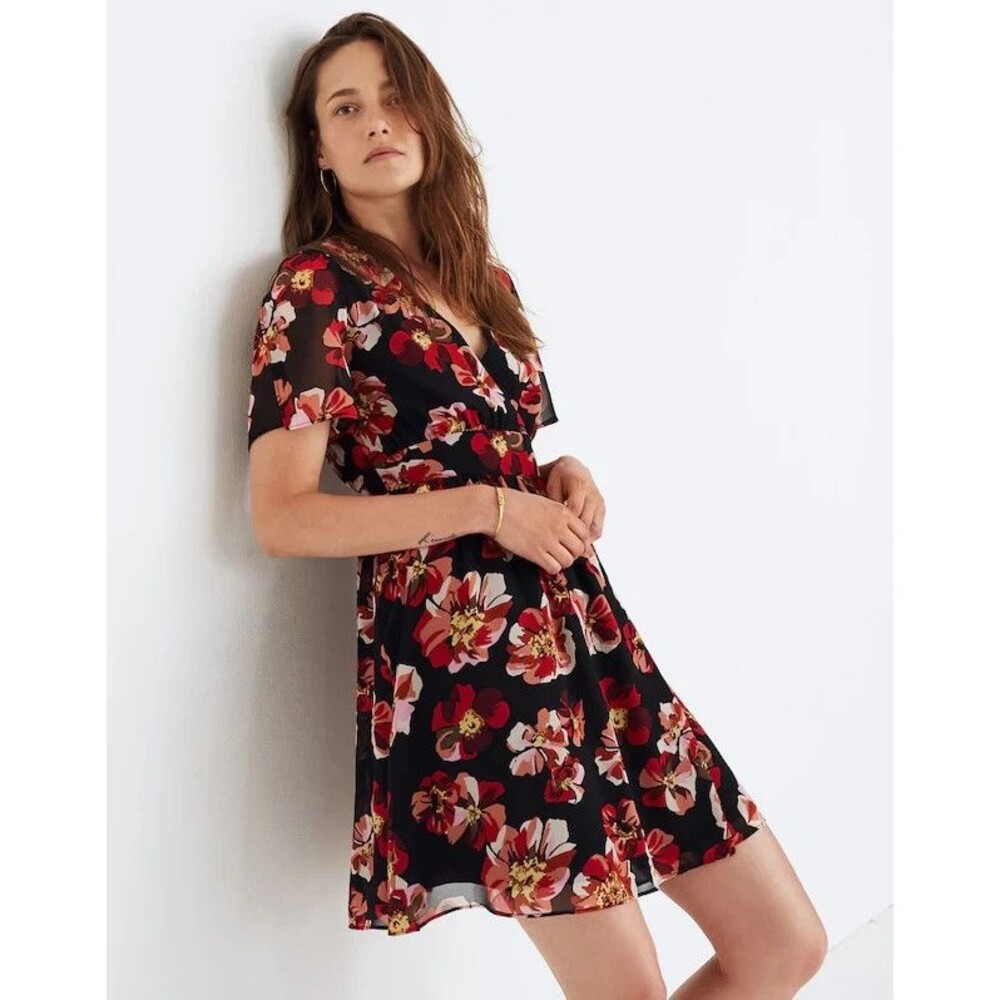 Madewell Tulip-Sleeve Mini Dress in French Rose Womens 10 Black Red Chiffon Boho